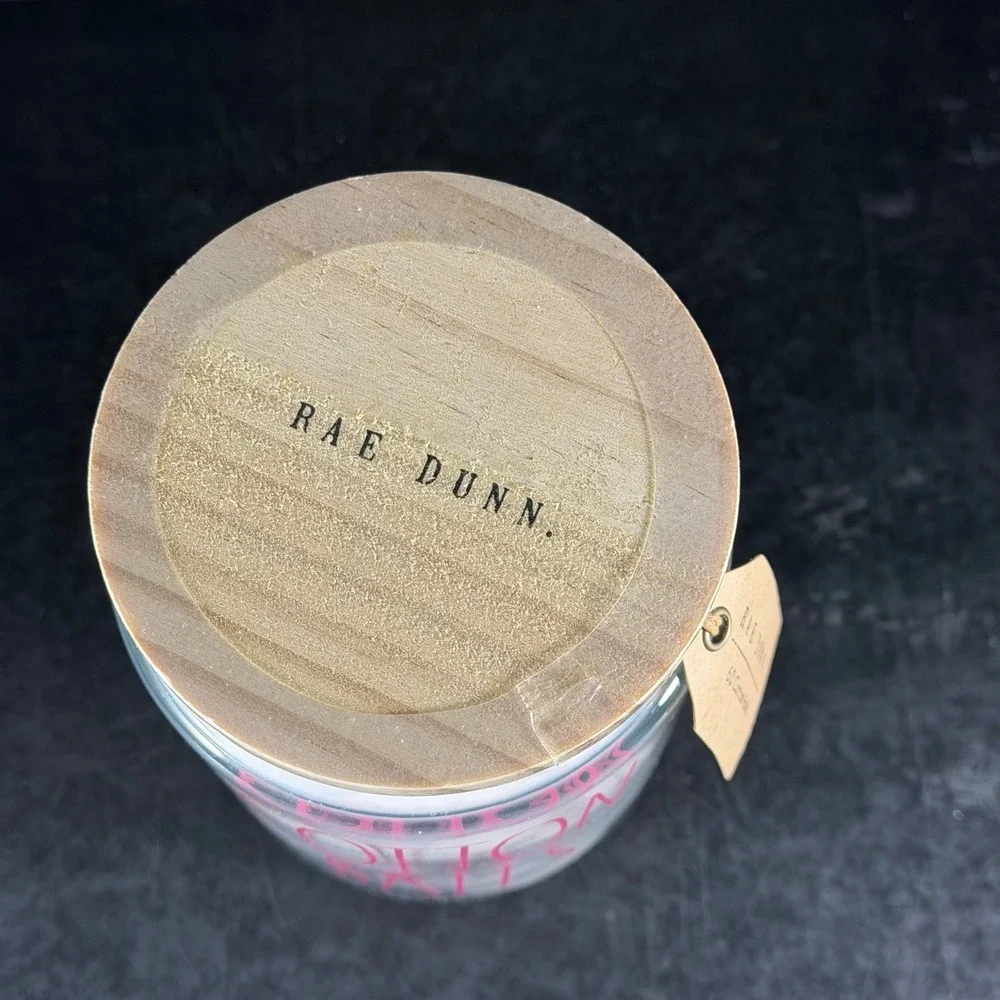 Rae Dunn Cotton Balls Glass Jar Wood Lid Pink Font Bathroom Storage R0879 NEW